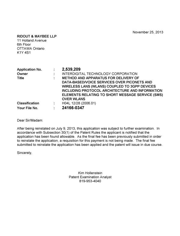 Canadian Patent Document 2539209. Correspondence 20131125. Image 1 of 1