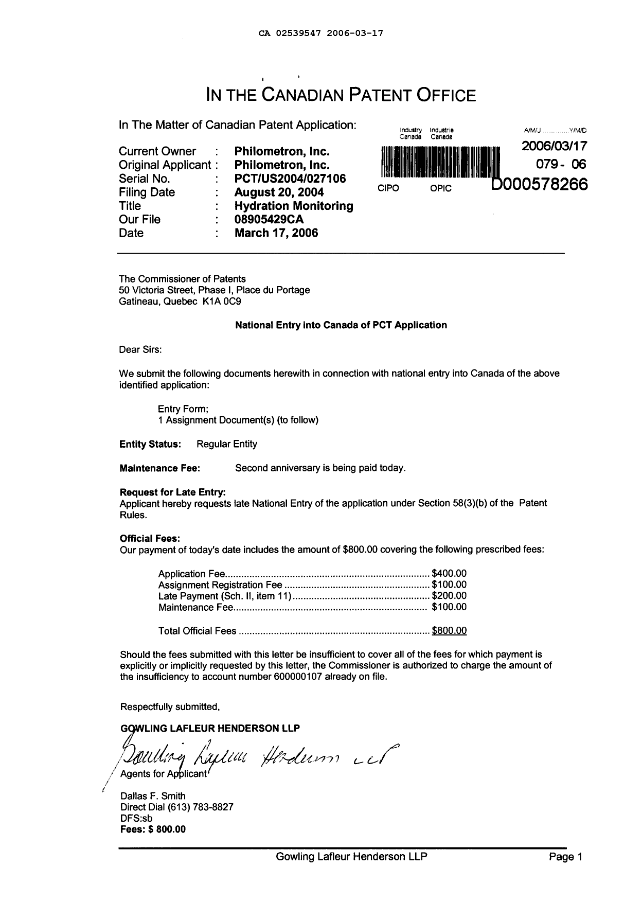 Document de brevet canadien 2539547. Cession 20060317. Image 1 de 3
