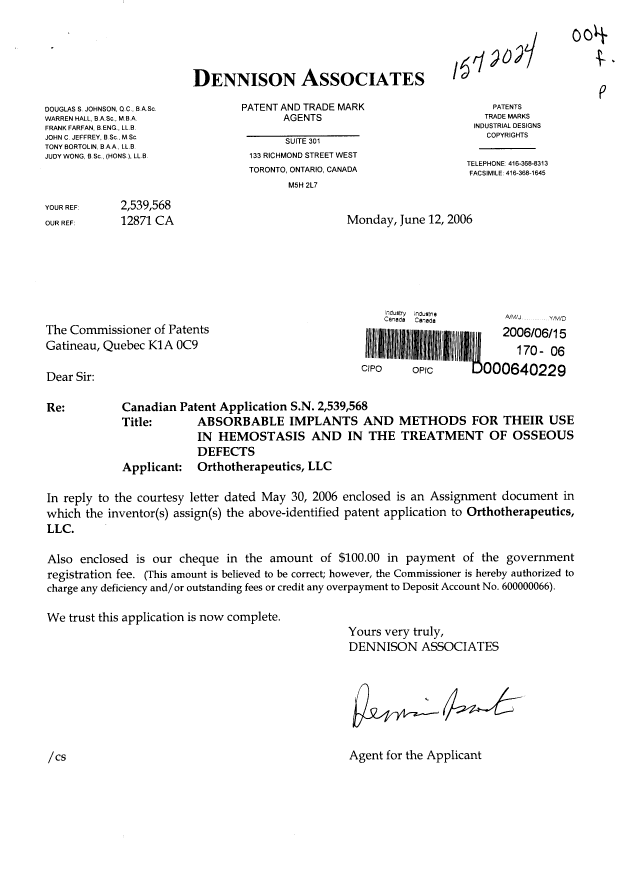Document de brevet canadien 2539568. Cession 20060615. Image 1 de 5
