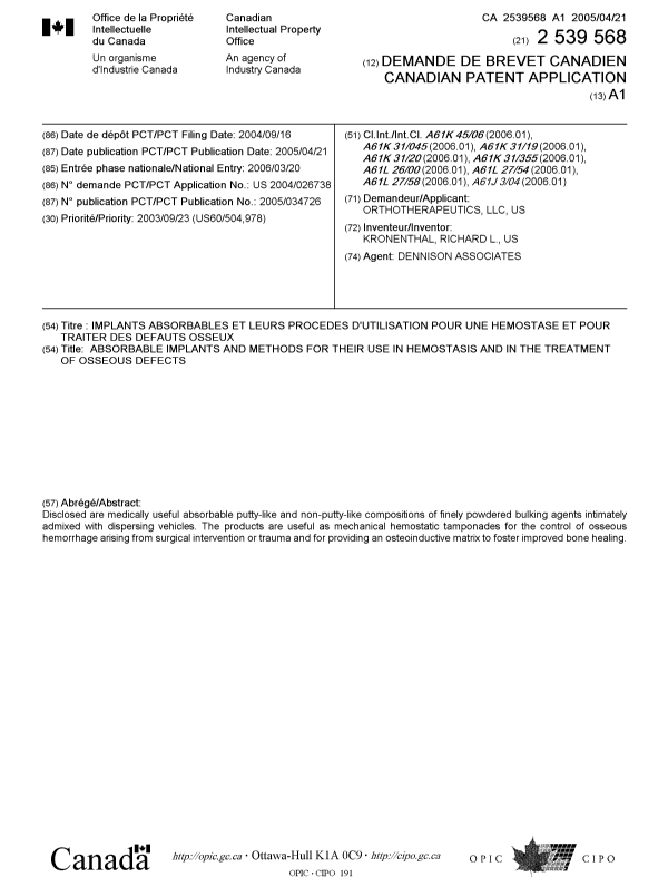 Canadian Patent Document 2539568. Cover Page 20060622. Image 1 of 1