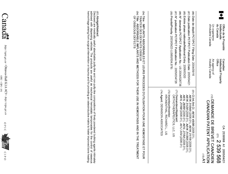 Document de brevet canadien 2539568. Page couverture 20060622. Image 1 de 1