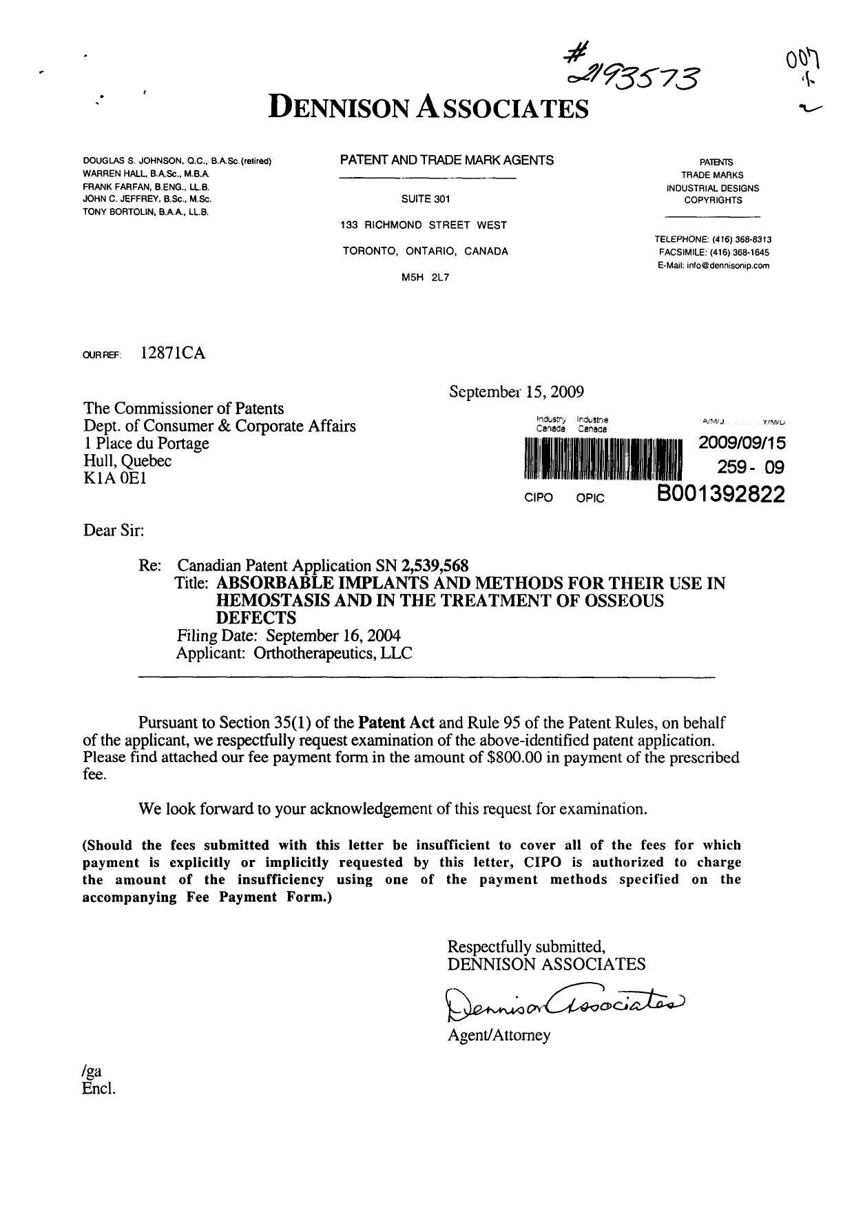 Document de brevet canadien 2539568. Poursuite-Amendment 20090915. Image 1 de 1
