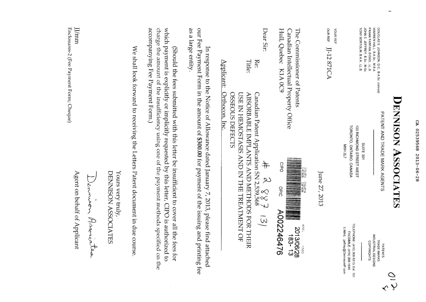 Document de brevet canadien 2539568. Correspondance 20130628. Image 1 de 1