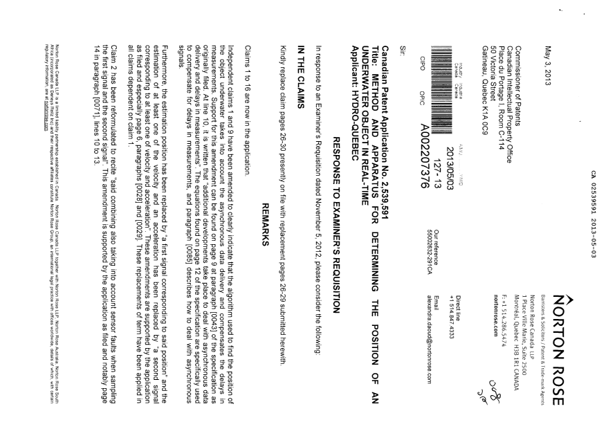 Document de brevet canadien 2539591. Poursuite-Amendment 20130503. Image 1 de 7