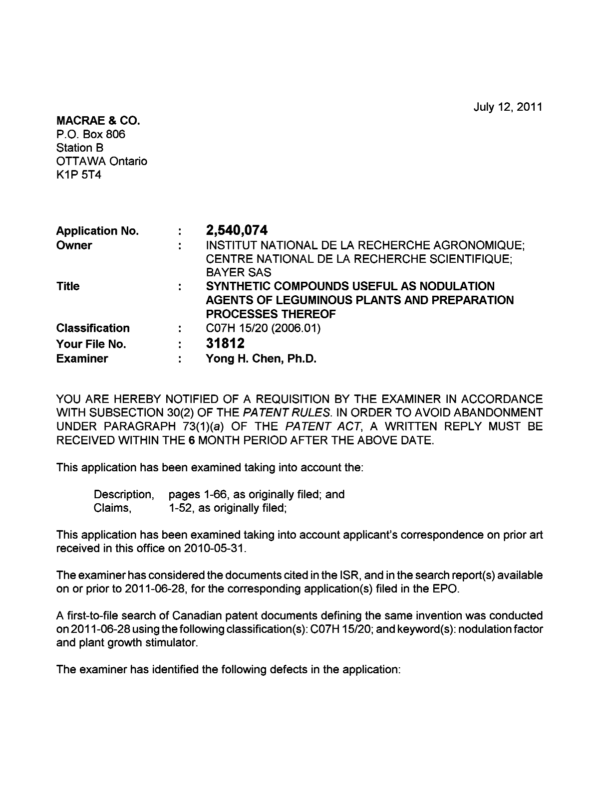 Document de brevet canadien 2540074. Poursuite-Amendment 20110712. Image 1 de 2
