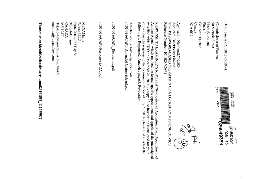 Document de brevet canadien 2540365. Correspondance 20150123. Image 1 de 4