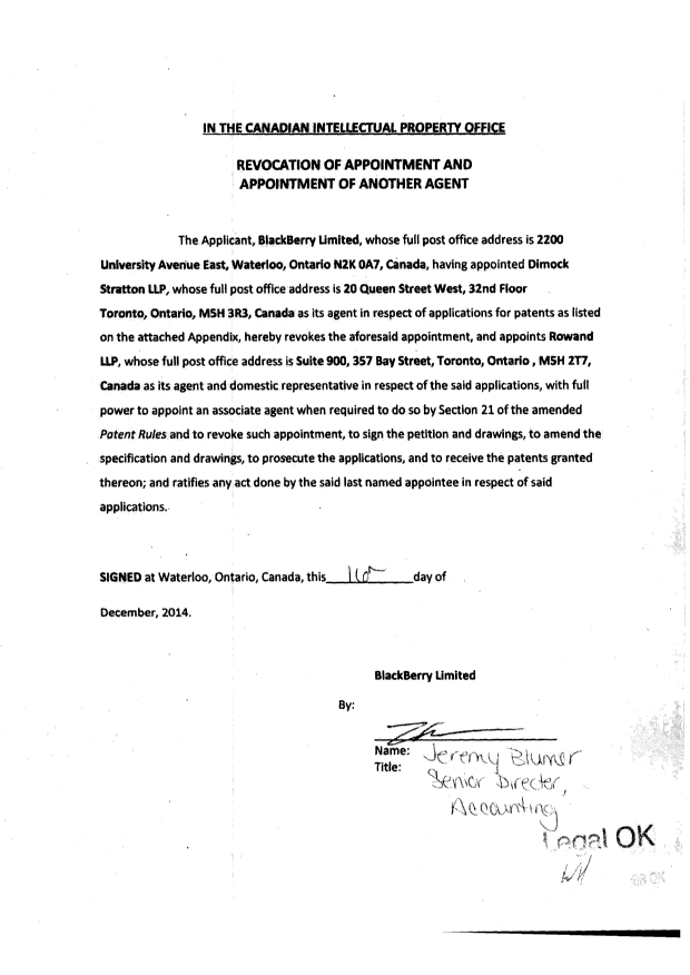 Document de brevet canadien 2540365. Correspondance 20150123. Image 2 de 4