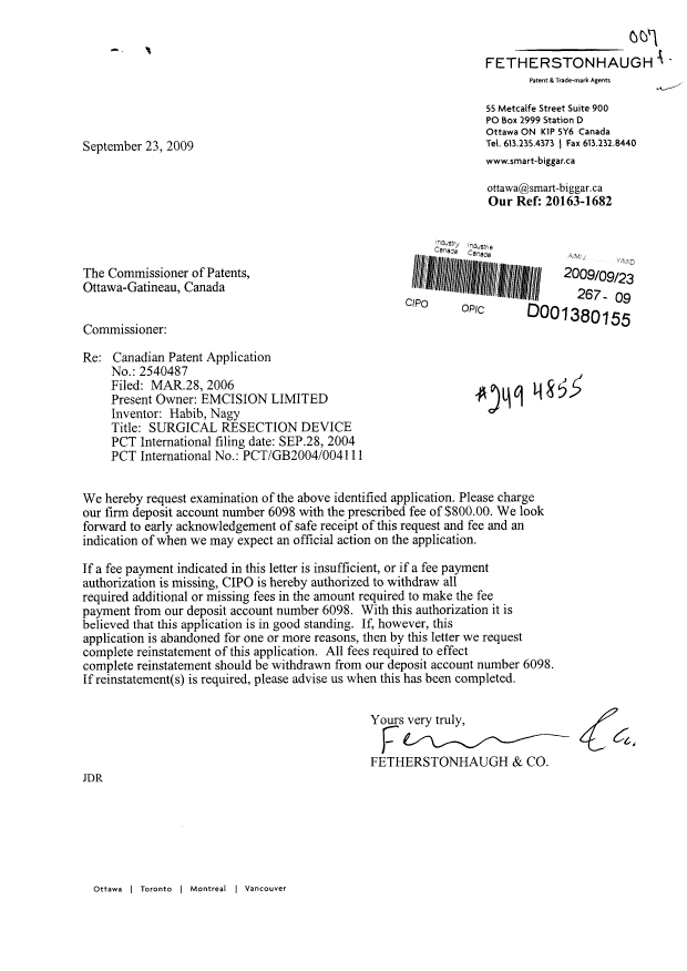 Document de brevet canadien 2540487. Poursuite-Amendment 20090923. Image 1 de 1