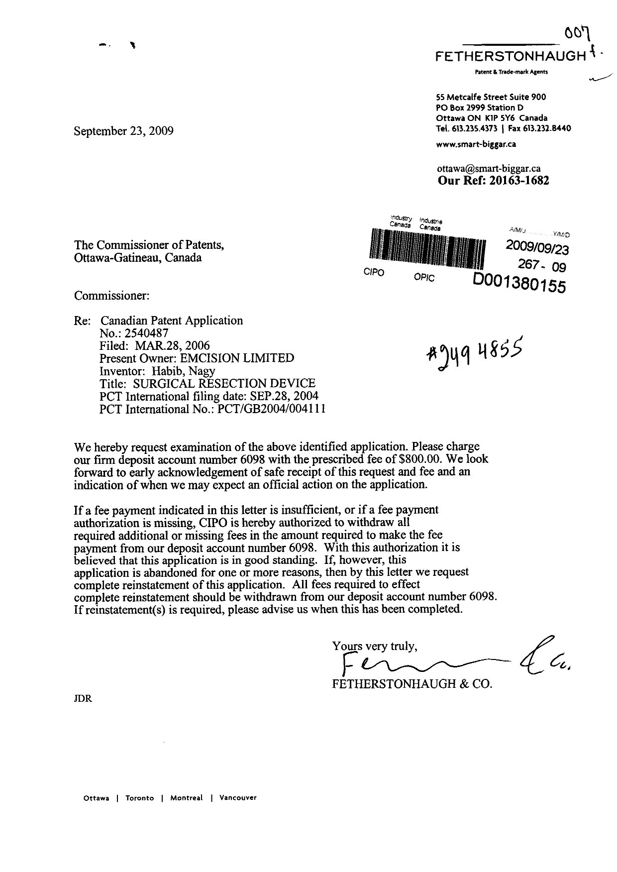 Canadian Patent Document 2540487. Prosecution-Amendment 20090923. Image 1 of 1