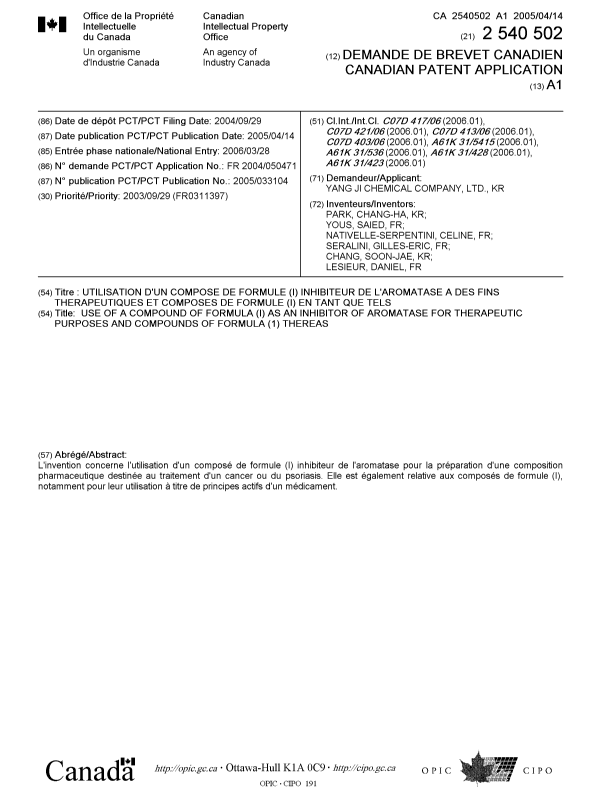 Canadian Patent Document 2540502. Cover Page 20060609. Image 1 of 2