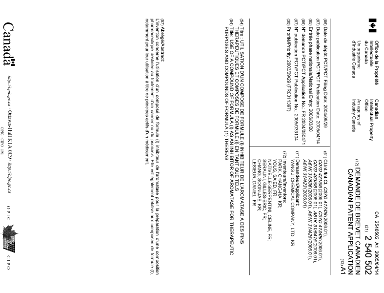 Document de brevet canadien 2540502. Page couverture 20060609. Image 1 de 2