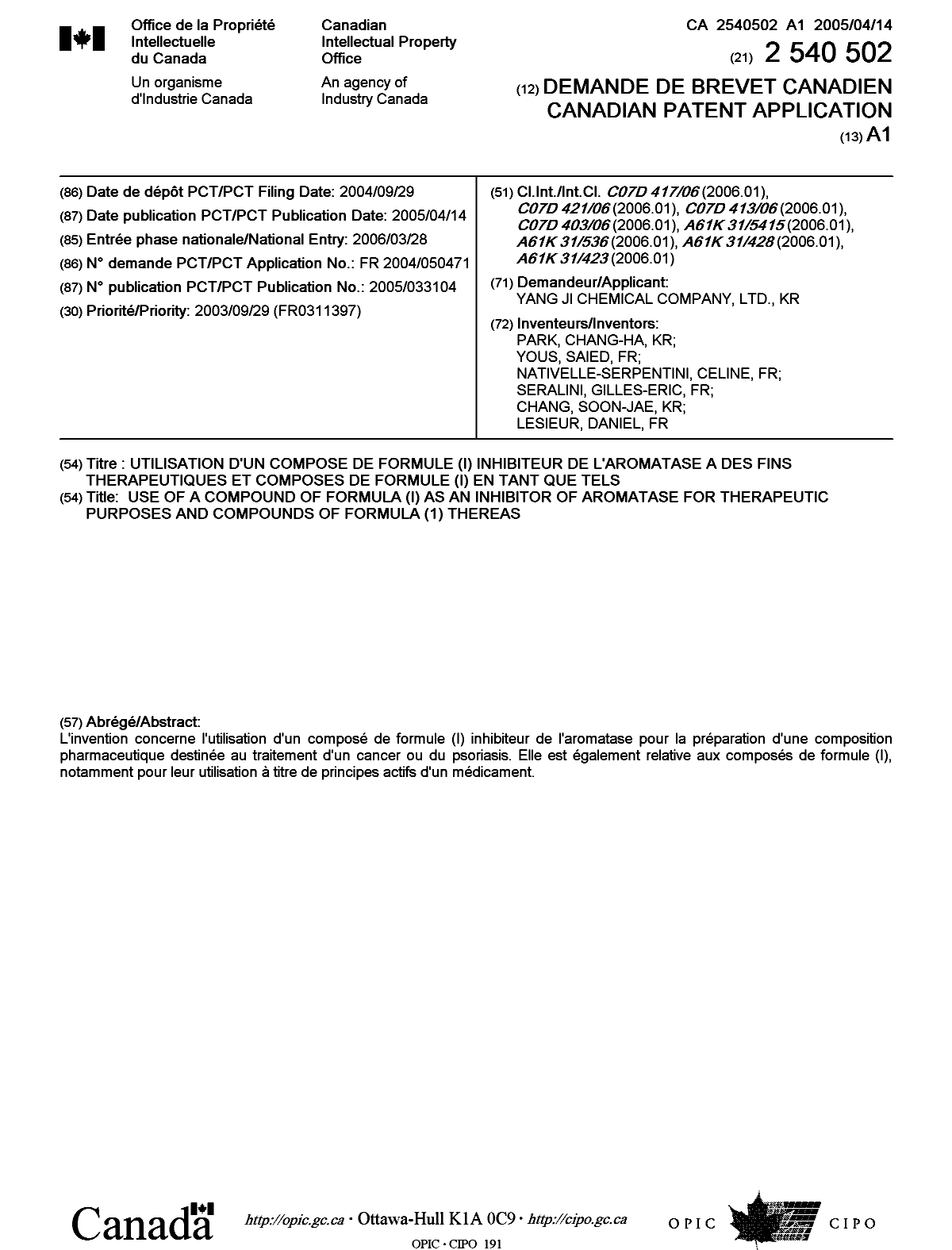 Document de brevet canadien 2540502. Page couverture 20060609. Image 1 de 2