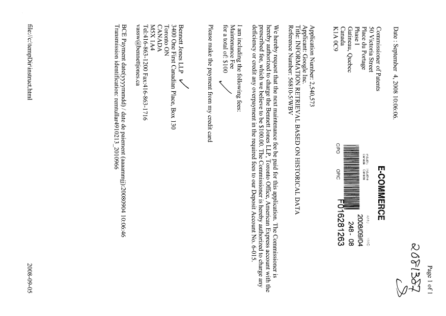 Document de brevet canadien 2540573. Taxes 20080904. Image 1 de 1