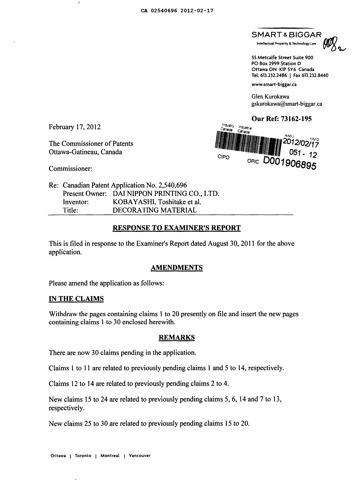 Canadian Patent Document 2540696. Prosecution-Amendment 20120217. Image 1 of 8
