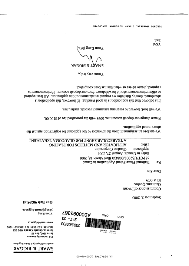 Canadian Patent Document 2540761. Assignment 20030903. Image 1 of 6