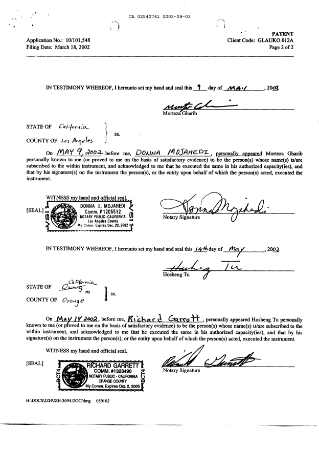 Document de brevet canadien 2540761. Cession 20030903. Image 6 de 6