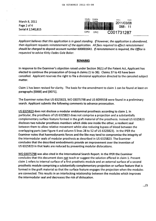 Document de brevet canadien 2540815. Poursuite-Amendment 20101208. Image 2 de 16