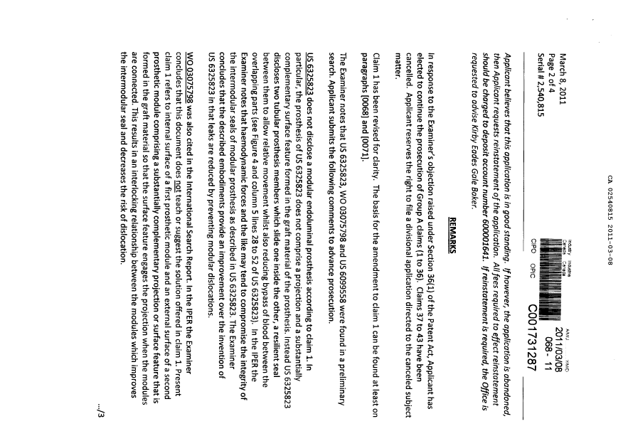 Document de brevet canadien 2540815. Poursuite-Amendment 20101208. Image 2 de 16