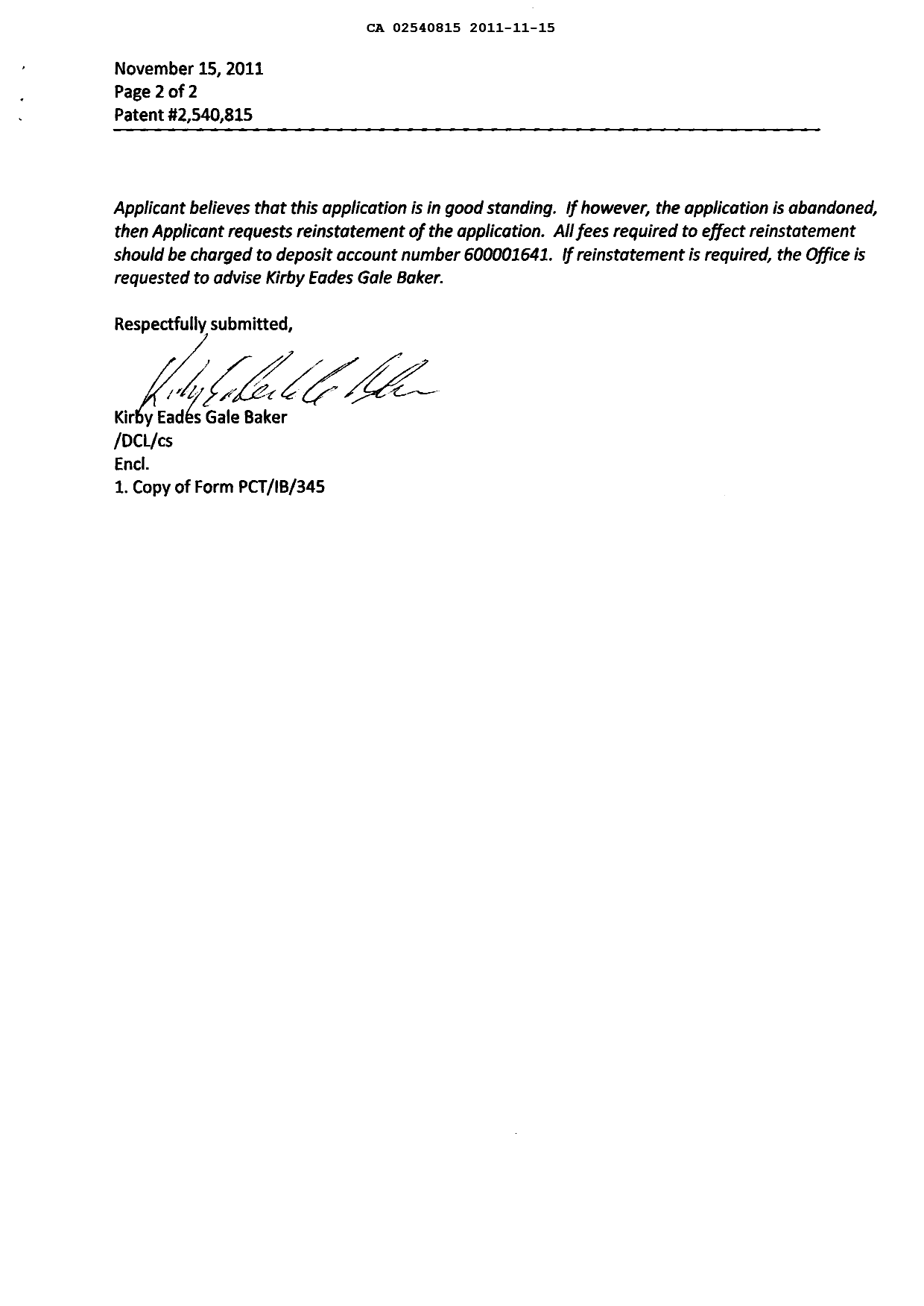 Document de brevet canadien 2540815. Correspondance 20101215. Image 2 de 3