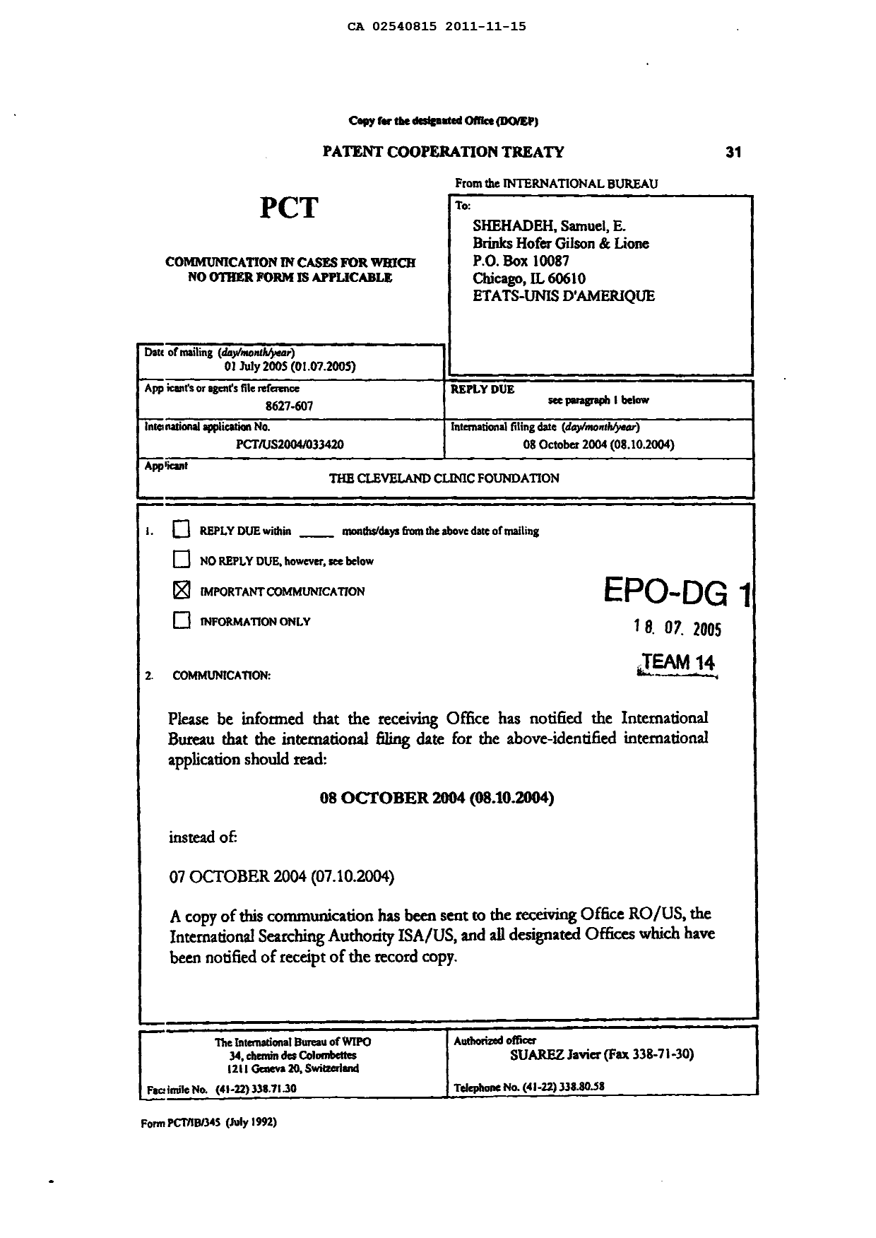 Document de brevet canadien 2540815. Correspondance 20101215. Image 3 de 3