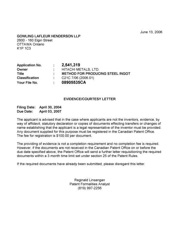 Canadian Patent Document 2541319. Correspondence 20060608. Image 1 of 1