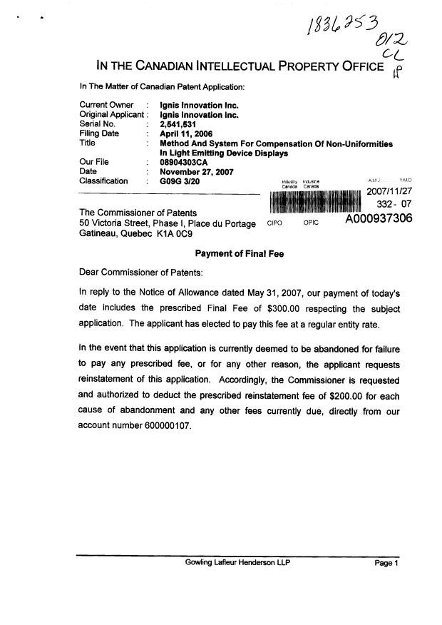 Document de brevet canadien 2541531. Correspondance 20071127. Image 1 de 2