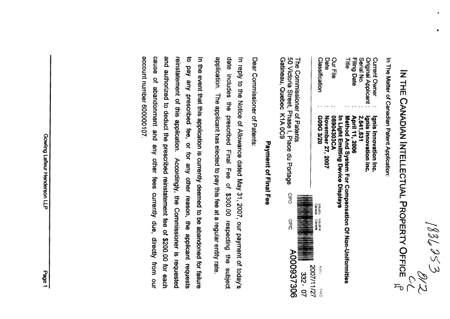 Canadian Patent Document 2541531. Correspondence 20071127. Image 1 of 2