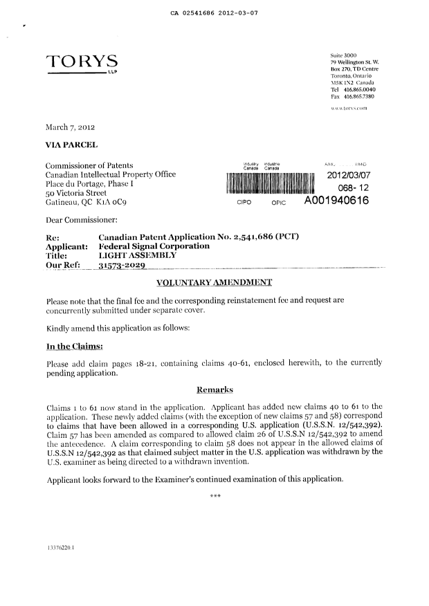 Document de brevet canadien 2541686. Poursuite-Amendment 20120307. Image 2 de 7