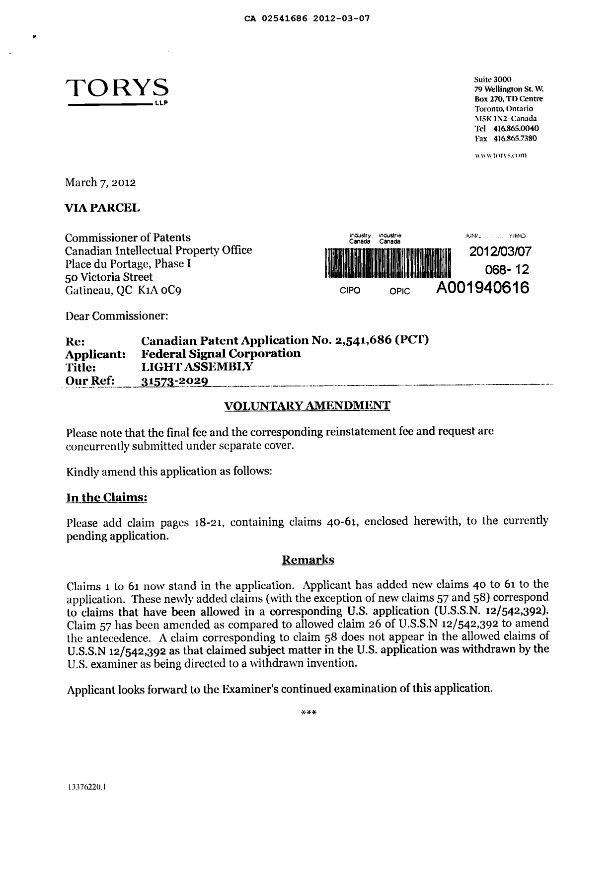 Canadian Patent Document 2541686. Prosecution-Amendment 20120307. Image 2 of 7
