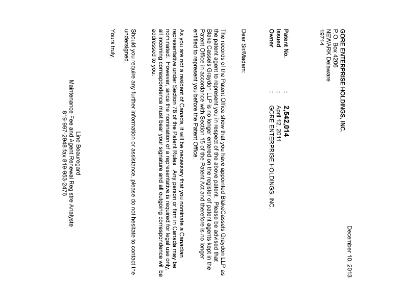 Document de brevet canadien 2542014. Correspondance 20131210. Image 1 de 1