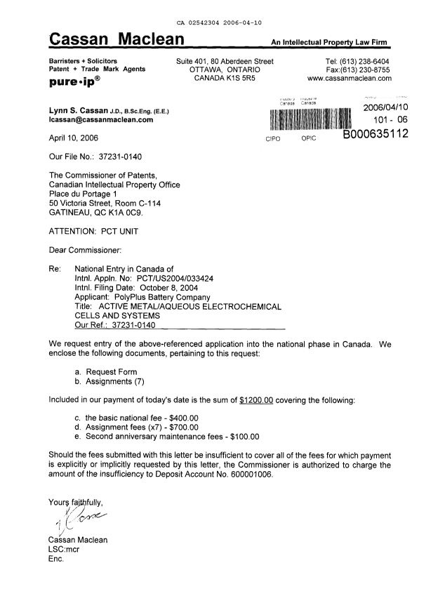Document de brevet canadien 2542304. Cession 20060410. Image 1 de 31