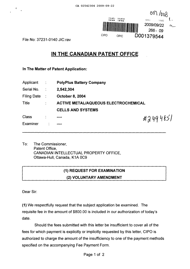 Document de brevet canadien 2542304. Poursuite-Amendment 20090922. Image 1 de 23
