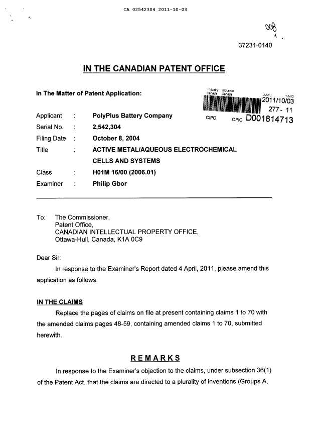 Document de brevet canadien 2542304. Poursuite-Amendment 20111003. Image 1 de 23