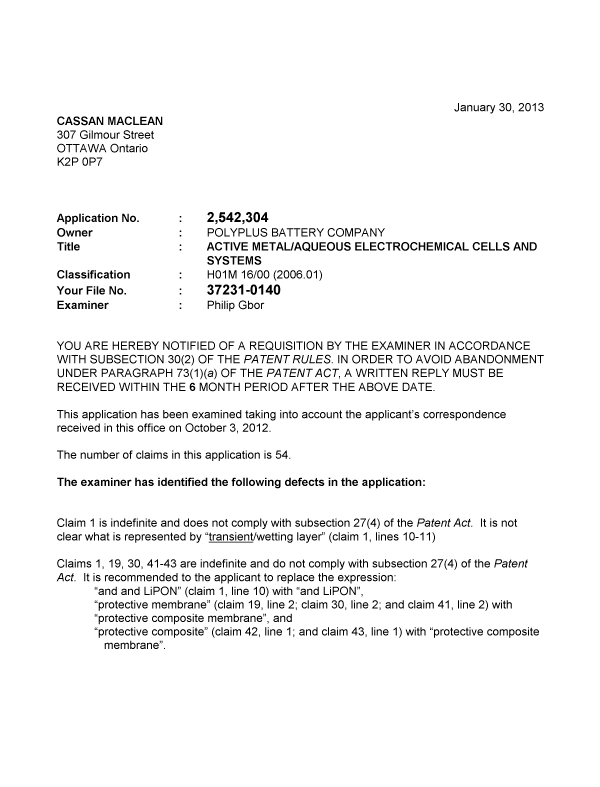 Document de brevet canadien 2542304. Poursuite-Amendment 20130130. Image 1 de 3