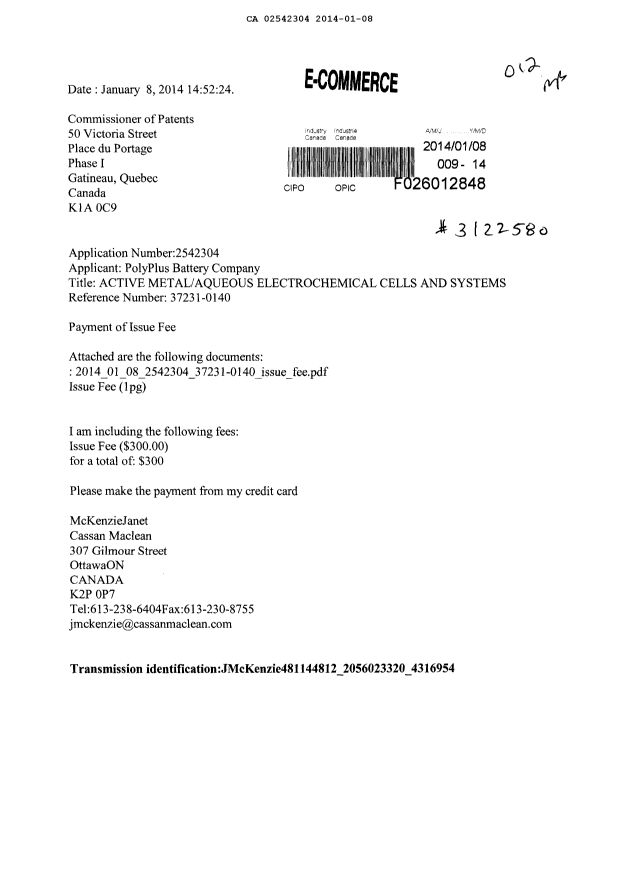 Document de brevet canadien 2542304. Correspondance 20140108. Image 1 de 2