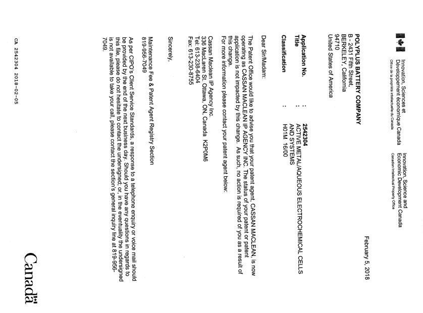 Document de brevet canadien 2542304. Lettre du bureau 20180205. Image 1 de 1