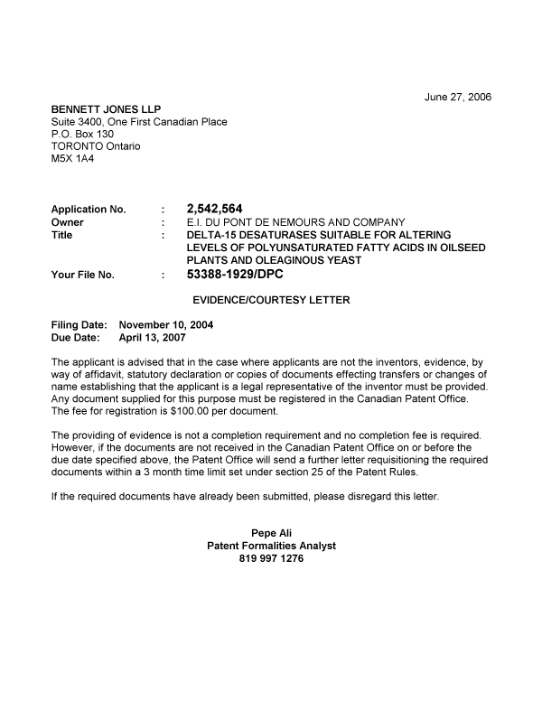 Document de brevet canadien 2542564. Correspondance 20060620. Image 1 de 1