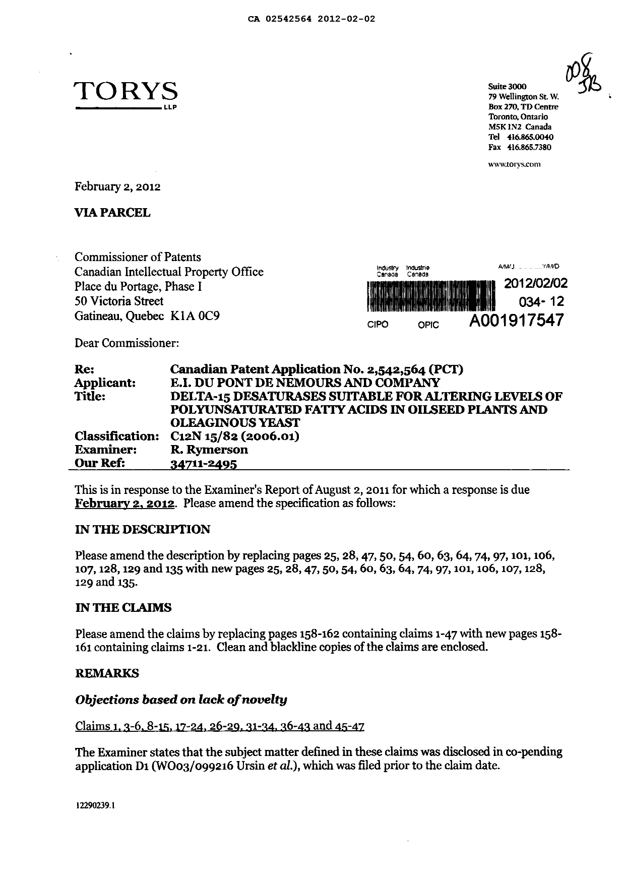 Document de brevet canadien 2542564. Poursuite-Amendment 20120202. Image 1 de 33