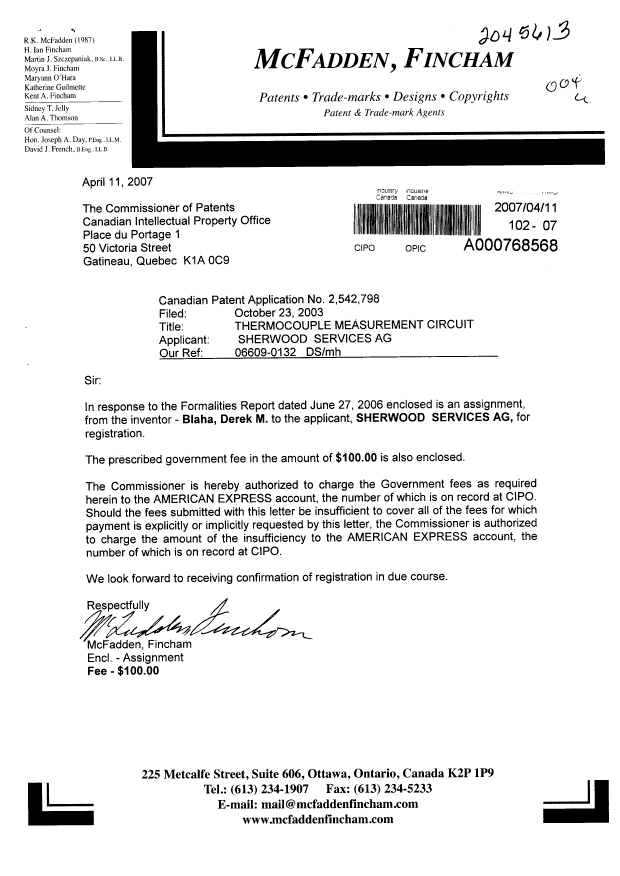 Document de brevet canadien 2542798. Cession 20070411. Image 1 de 3