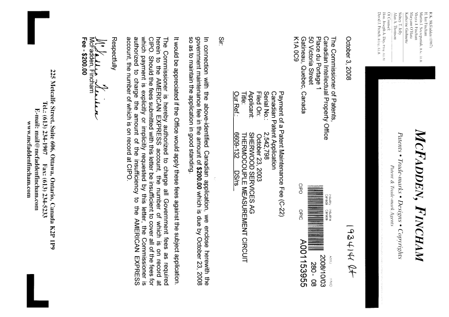 Document de brevet canadien 2542798. Taxes 20081003. Image 1 de 1