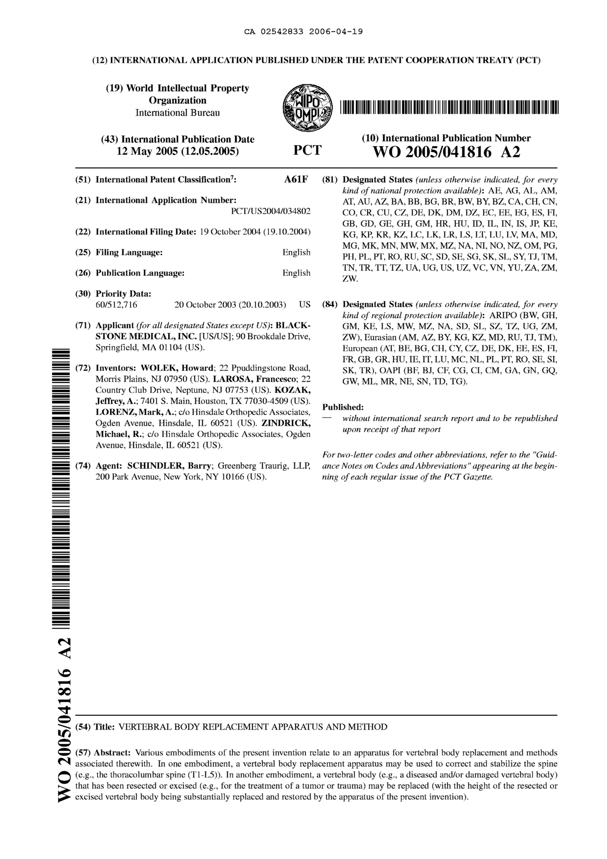 Document de brevet canadien 2542833. Abrégé 20060419. Image 1 de 1