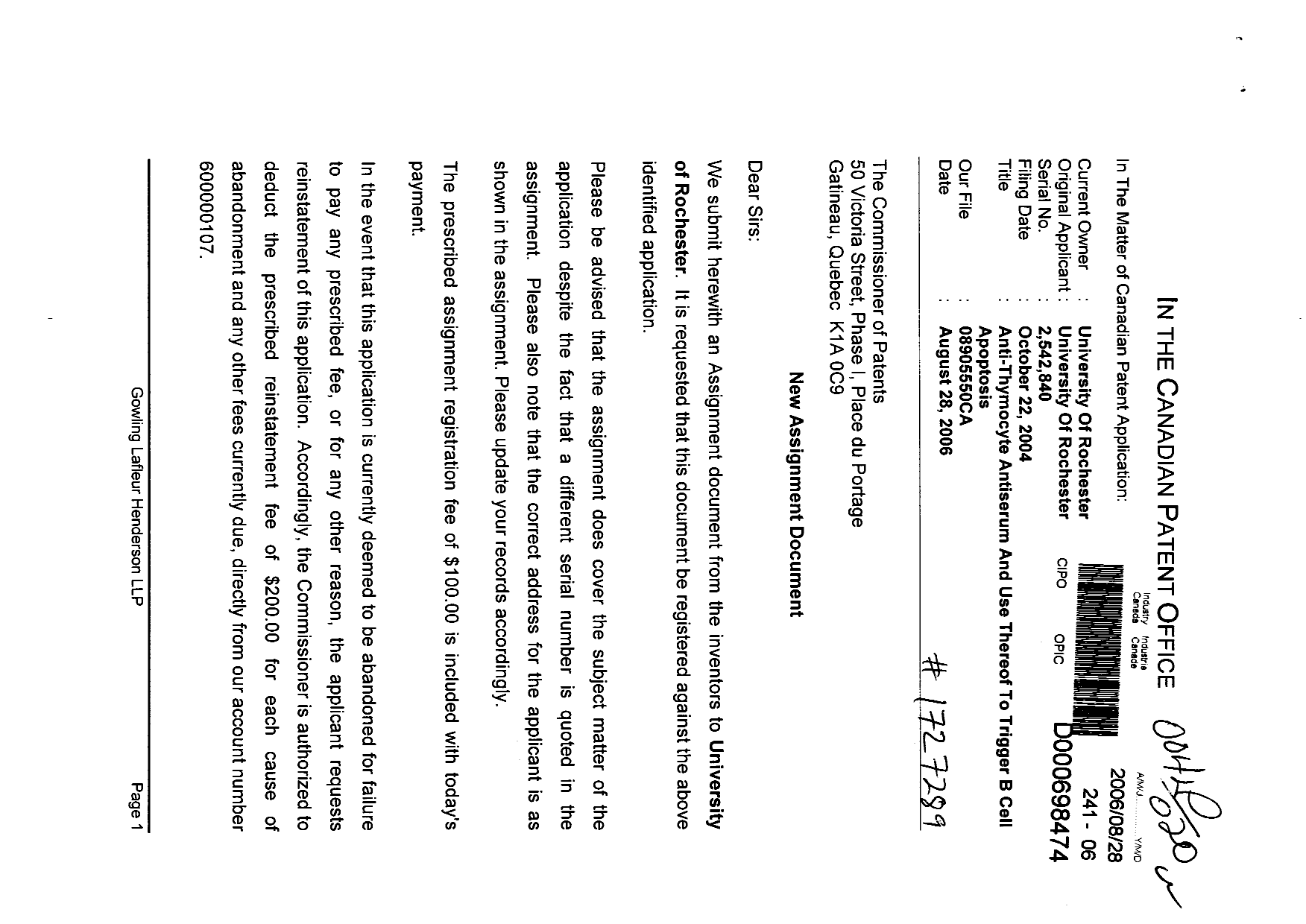 Canadian Patent Document 2542840. Correspondence 20060828. Image 1 of 2