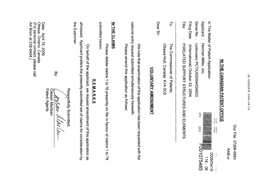 Canadian Patent Document 2542978. Prosecution-Amendment 20060419. Image 1 of 16