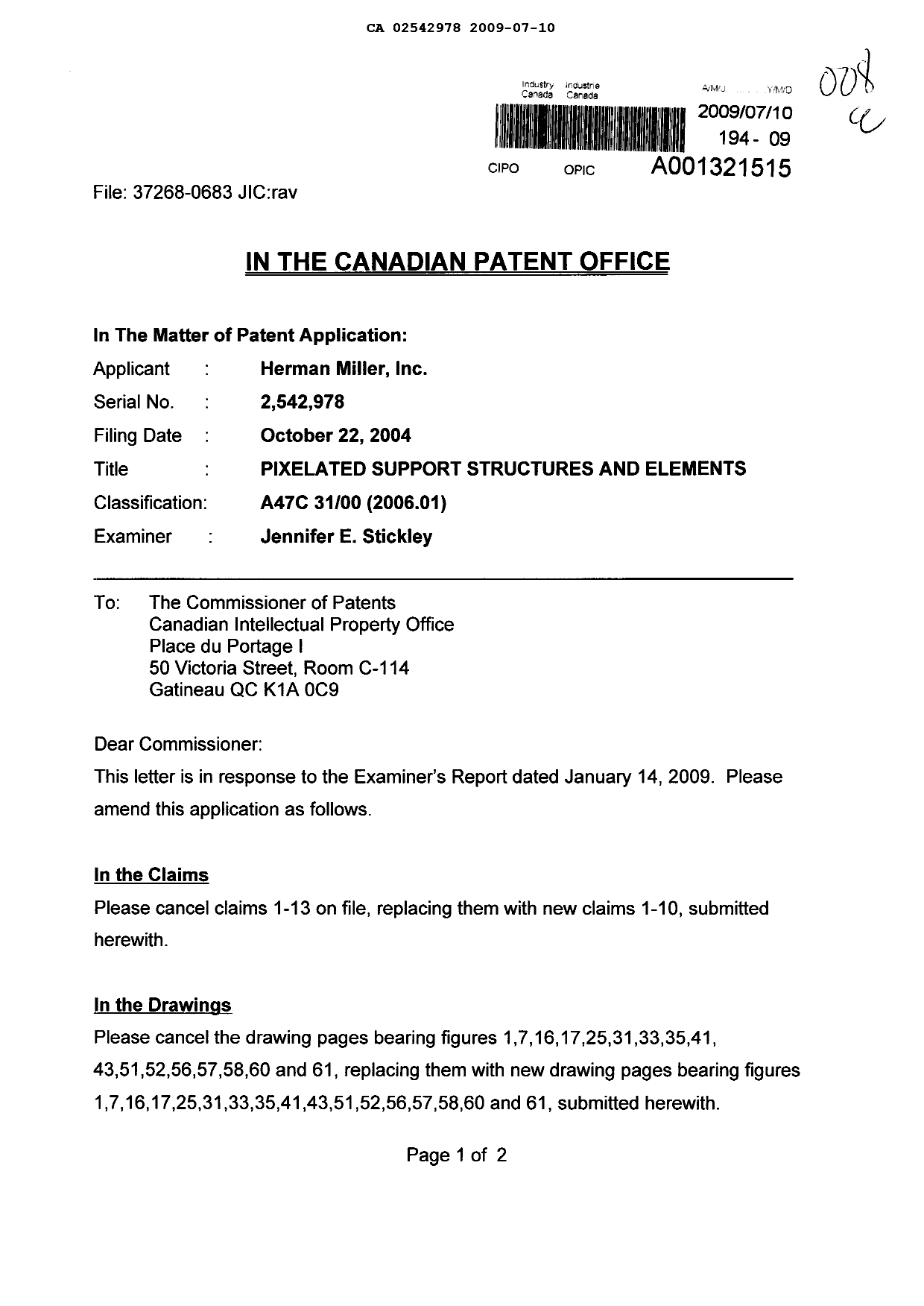 Canadian Patent Document 2542978. Prosecution-Amendment 20090710. Image 1 of 21