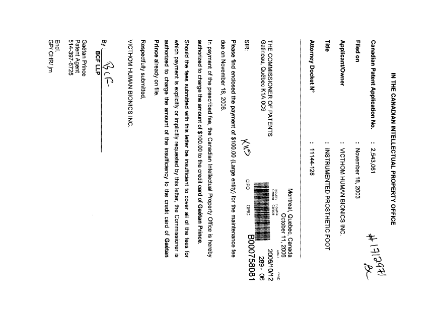 Document de brevet canadien 2543061. Taxes 20051212. Image 1 de 1