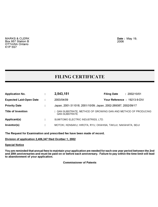 Document de brevet canadien 2543151. Correspondance 20060519. Image 1 de 1