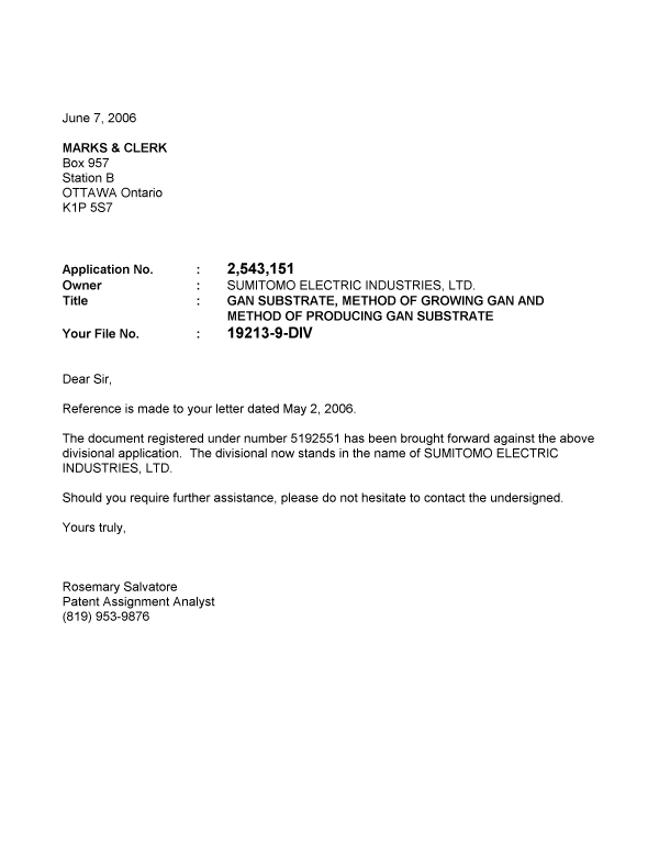 Document de brevet canadien 2543151. Correspondance 20060607. Image 1 de 1