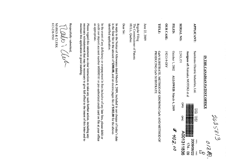 Document de brevet canadien 2543151. Correspondance 20090622. Image 1 de 1