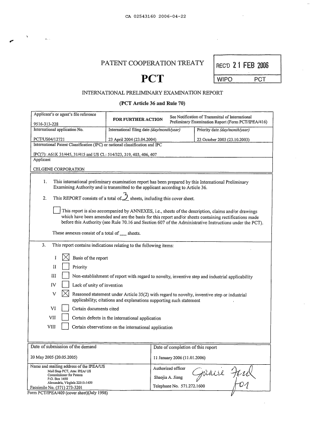 Document de brevet canadien 2543160. PCT 20060422. Image 1 de 3
