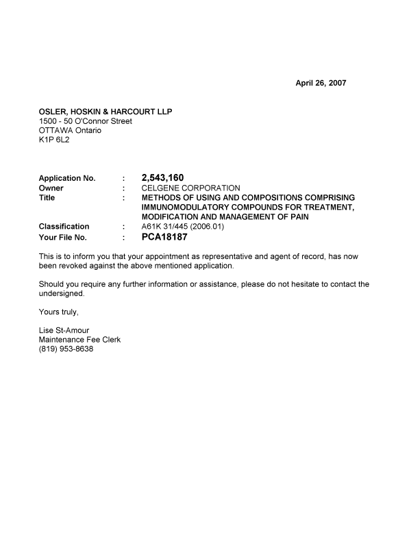 Document de brevet canadien 2543160. Correspondance 20070426. Image 1 de 1